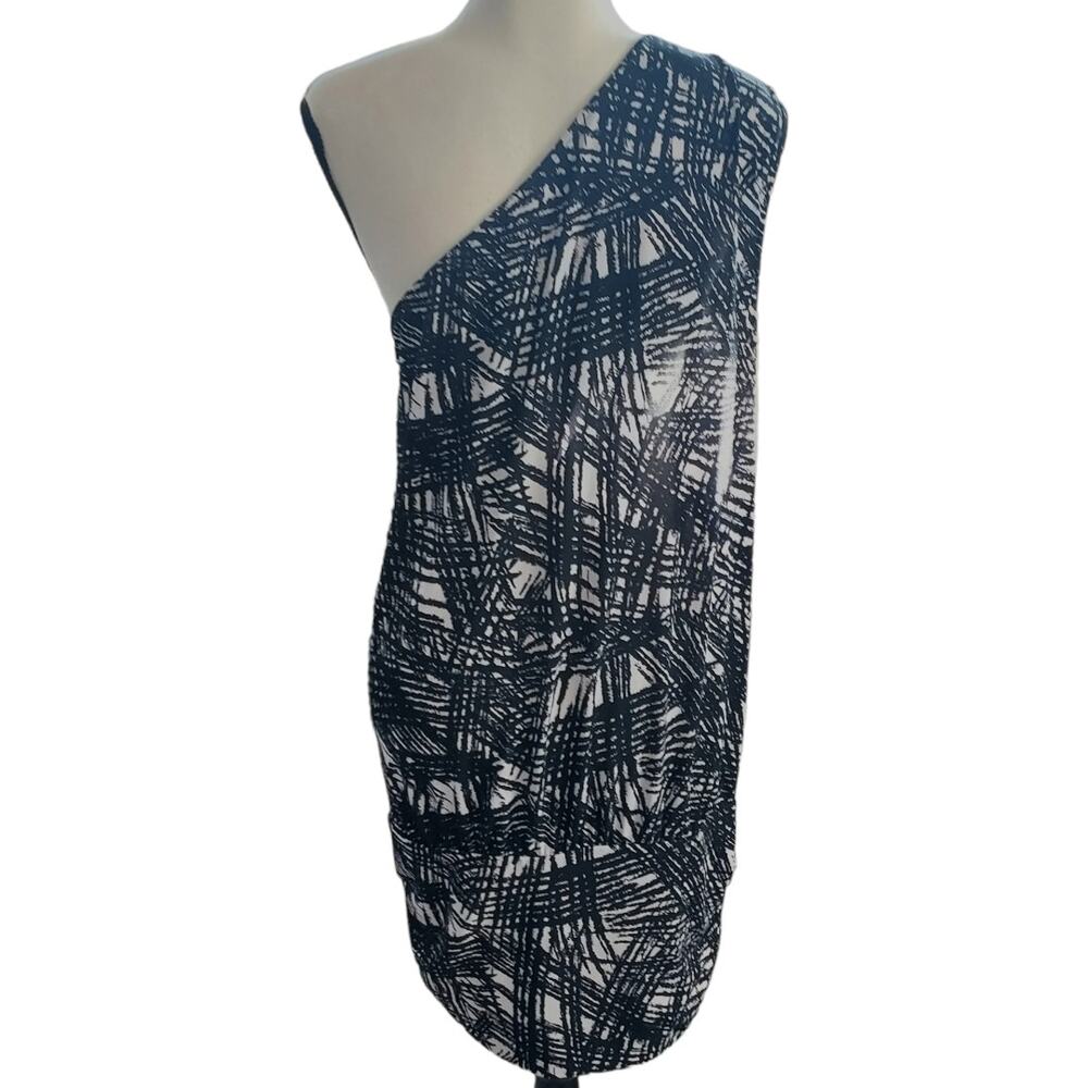 BCBGMaxAzria One-Shoulder Mini Dress in Navy and White Abstract Print